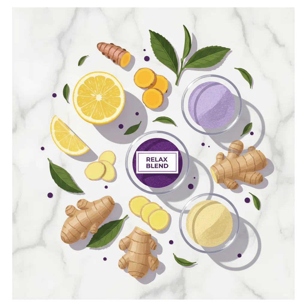 Botanische ingrediënten flat lay - groene thee, kurkuma, gember